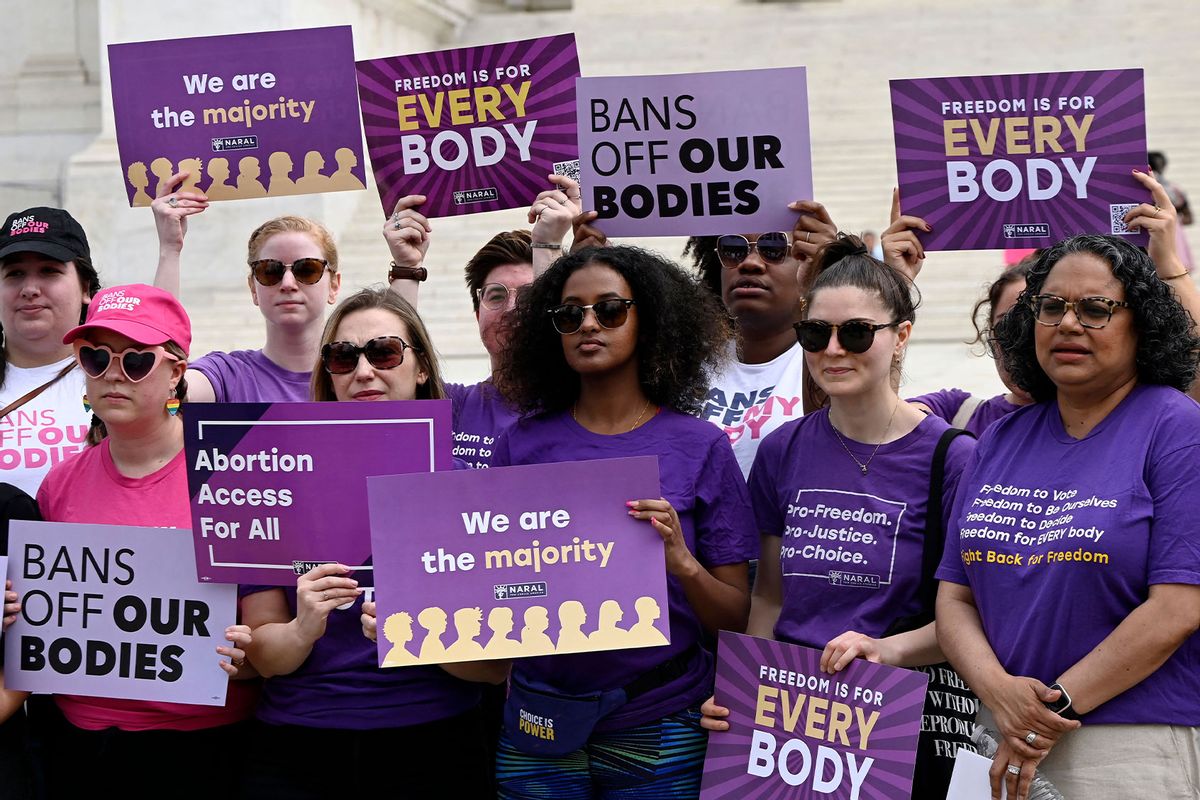 Abortion rights advocates rally outside the US Supreme Court on April 14, 2023, in Washington, DC, speaking out against abortion pill restrictions. (OLIVIER DOULIERY/AFP via Getty Images)