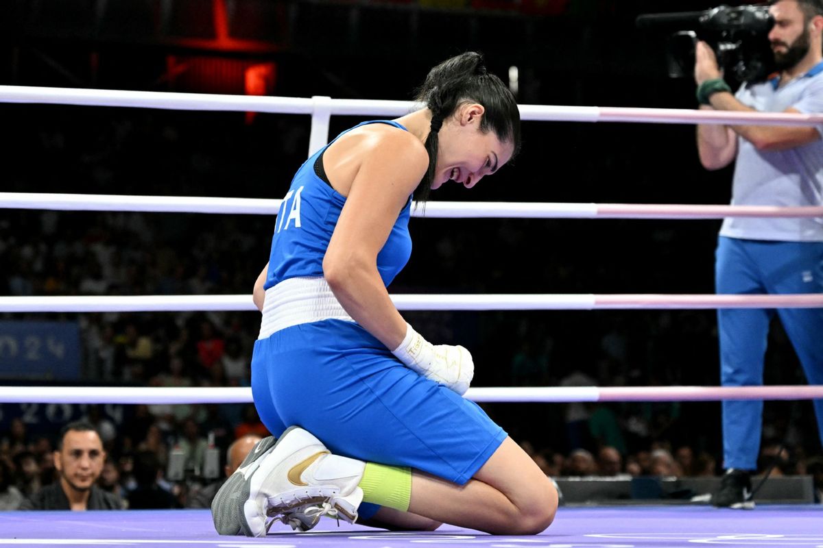 Italy's Angela Carini reacts during her women's 66kg preliminaries round of 16 boxing match against Algeria's Imane Khelif during the Paris 2024 Olympic Games at the North Paris Arena, in Villepinte on August 1, 2024.  (MOHD RASFAN/AFP via Getty Images)