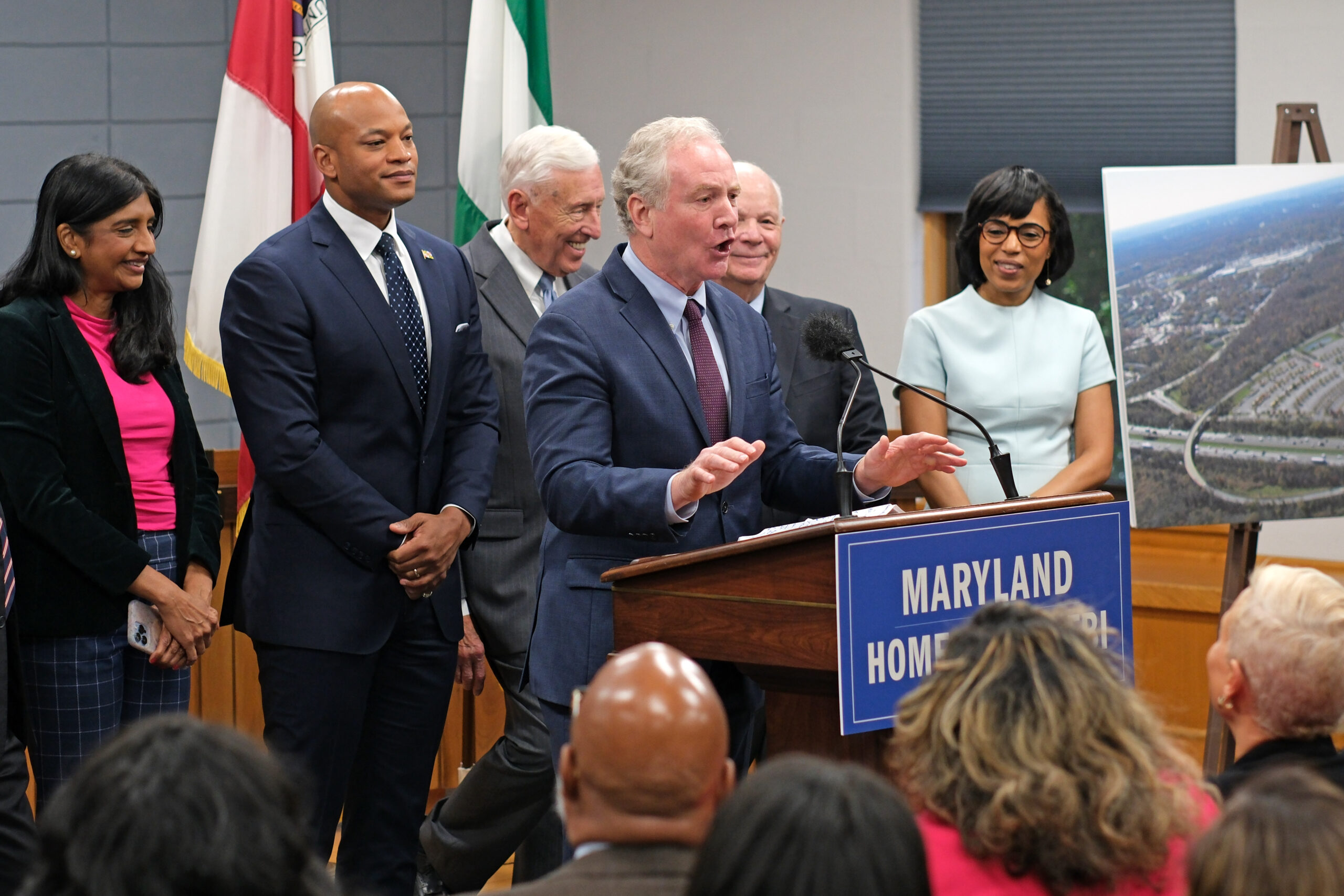 U.S. Sen. Chris Van Hollen, D-Maryland, defends the federal government's choice of Greenbelt, Maryland, for a new FBI headquarters on Friday, Nov. 10, 2023. He's joined by Maryland leaders (from left) Lt. Gov. Aruna Miller, Gov. Wes Moore, U.S. Rep. Steny Hoyer, U.S. Sen. Ben Cardin and Prince George's County Executive Angela Alsobrooks. (Capital News Service/Tommy Tucker)