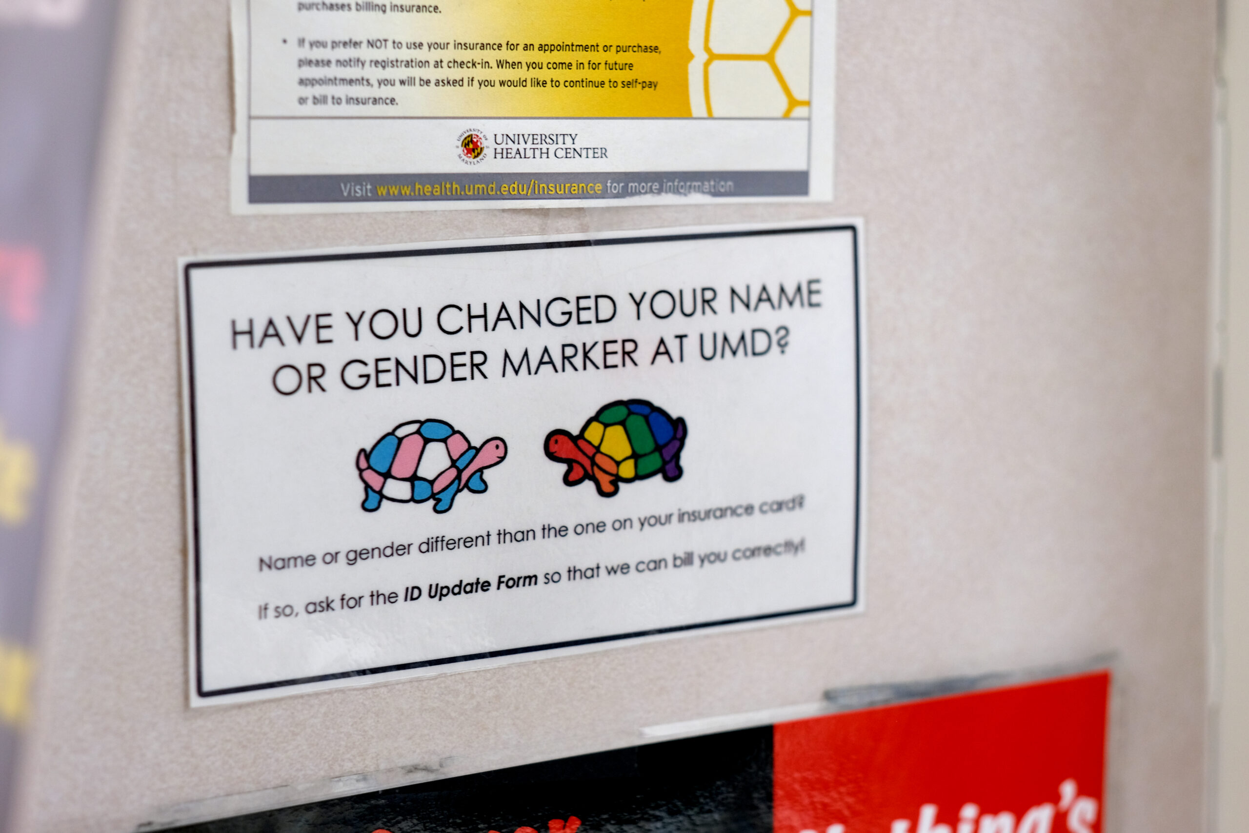 Poster at University of Maryland Health Center, reminds students to update their name and gender marker on the school’s system, Friday Dec. 1, 2023. (Capital News Service/Tommy Tucker)