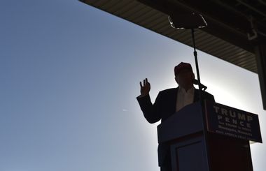 Republican presidential nominee Donald Trump speaks during a rally at the Sun Country Airlines hangar in Minneapolis, Minnesota