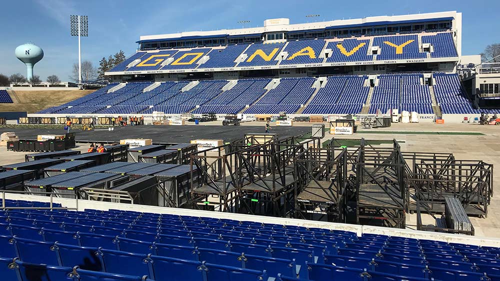 The Washington Capitals will play the Toronto Maple Leafs outdoors at Navy-Marine Corps Memorial Stadium. Construction of the playing surface began this week. Capital News Service photo by Julia Karron.