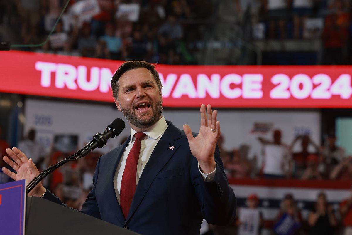 Republican vice presidential nominee U.S. Sen. J.D. Vance (R-OH) speaks during a campaign rally with Republican presidential nominee, former U.S. President Donald Trump at the Georgia State University Convocation Center on August 03, 2024 in Atlanta, Georgia. (Joe Raedle/Getty Images)