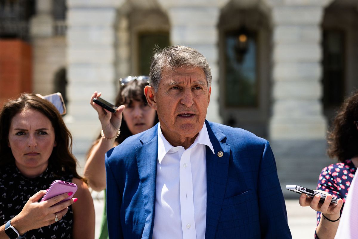 U.S. Sen. Joe Manchin (I-WV) leaves the U.S. Capitol for a private meeting between Senate Democrats and U.S. President Joe Biden's senior advisors Mike Donlion, Steve Richetti and campaign chair Jen O'Malley Dillon at the Democratic Senatorial Campaign Committee on July 11, 2024 in Washington, DC (Tierney L. Cross/Getty Images)