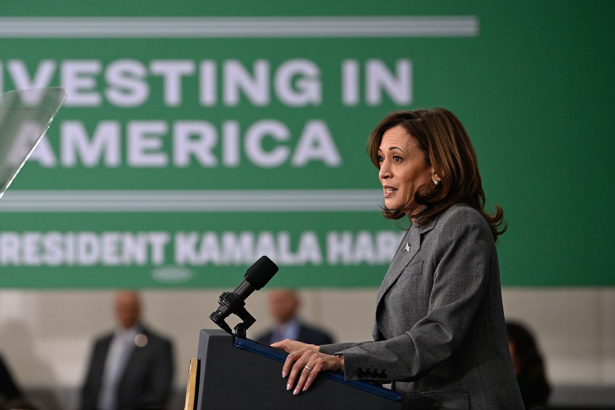 United States Vice President Kamala Harris delivers remarks about the Biden-Harris Administration's historic investments in climate action and continues her leadership on addressing the climate crisis, advancing environmental justice, and increasing access to capital in underserved communities and is joined by Environmental Protection Agency (EPA) Administrator Michael Regan in Charlotte NC, United States on April 4, 2024. (Peter Zay/Anadolu via Getty Images)