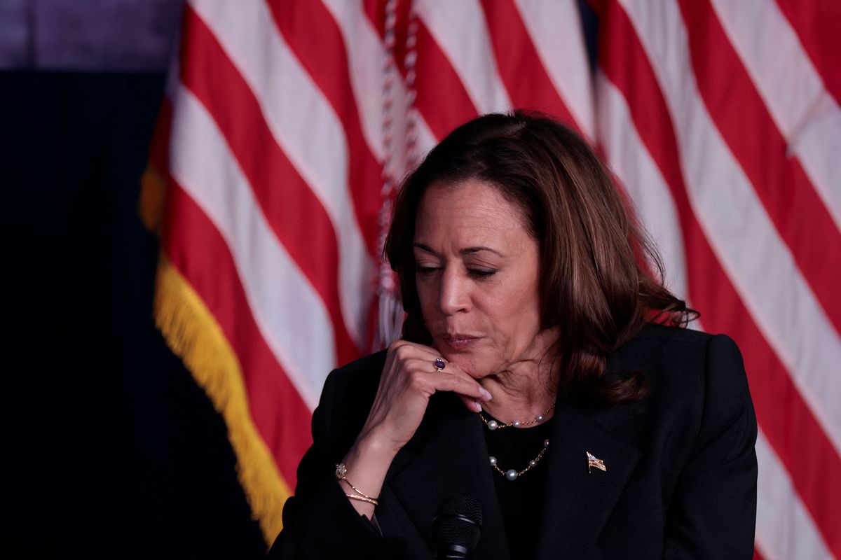 US Vice President Kamala Harris looks on during a political event at the Air Zoo Aerospace and Science Museum in Kalamazoo, Michigan, on July 17, 2024. (JEFF KOWALSKY/AFP via Getty Images)