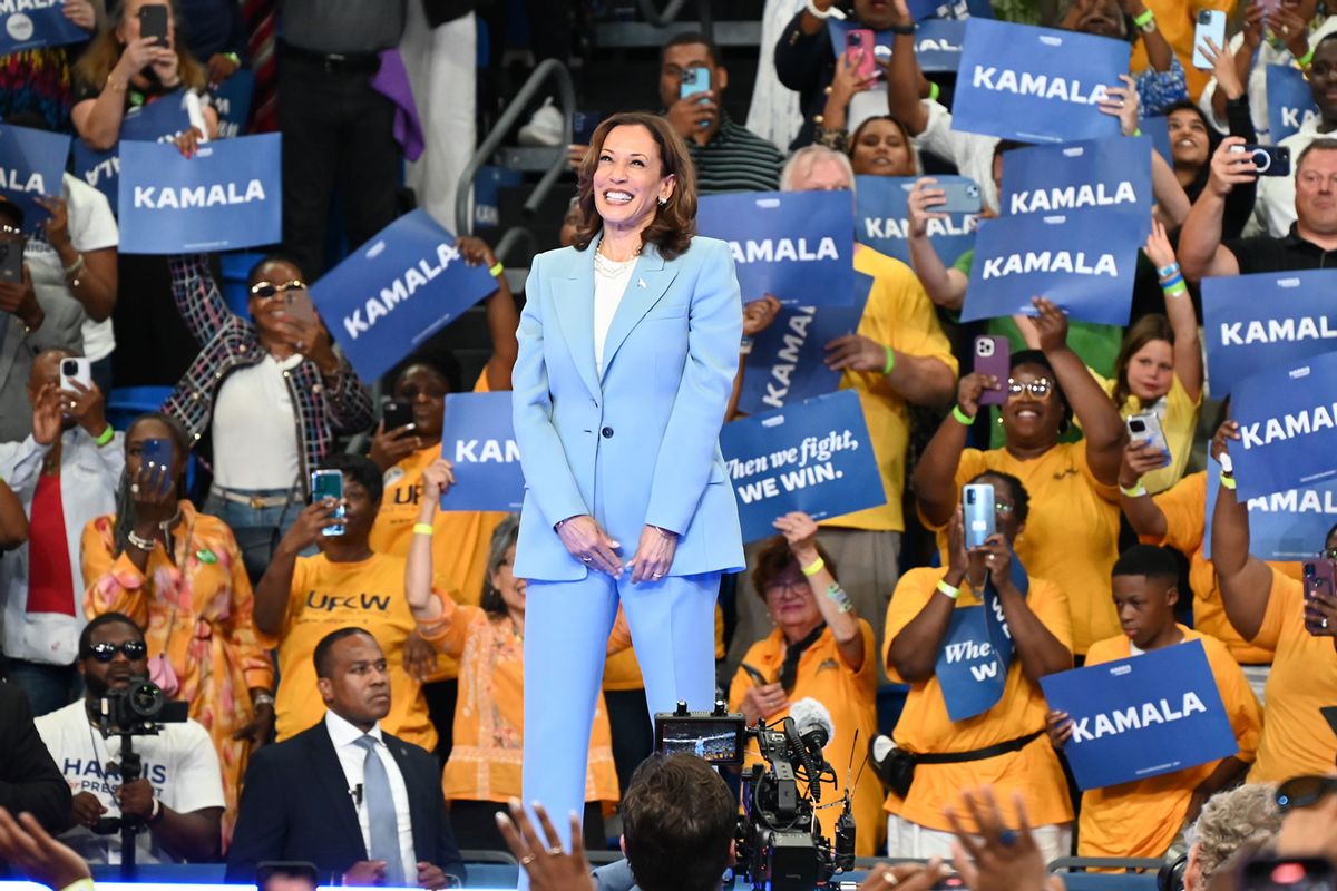 Vice President of the United States Kamala Harris greets the crowd during her presidential campaign rally in Atlanta, Georgia, United States on July 30, 2024. (Kyle Mazza/Anadolu via Getty Images)