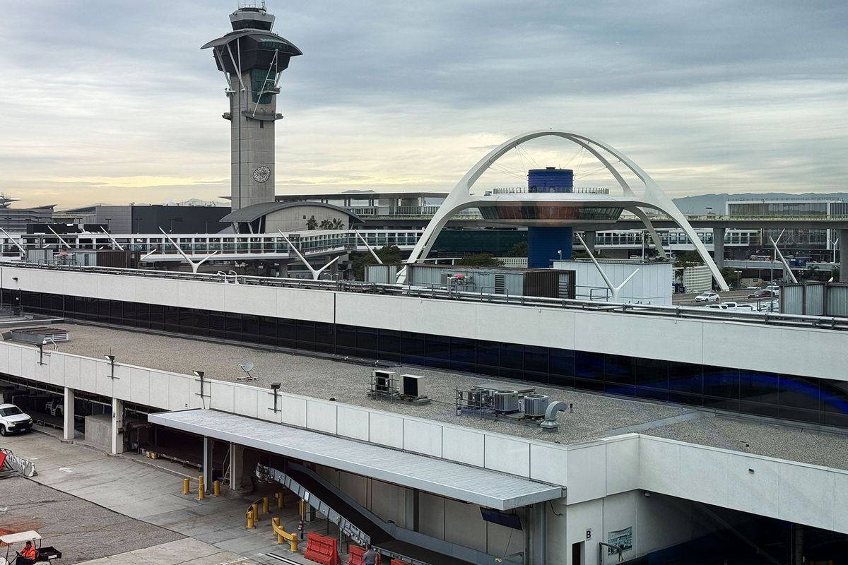 A view of the LAX Airport with the Theme Building in Los Angeles, United States on November 15, 2023. (Jakub Porzycki/NurPhoto via Getty Images)