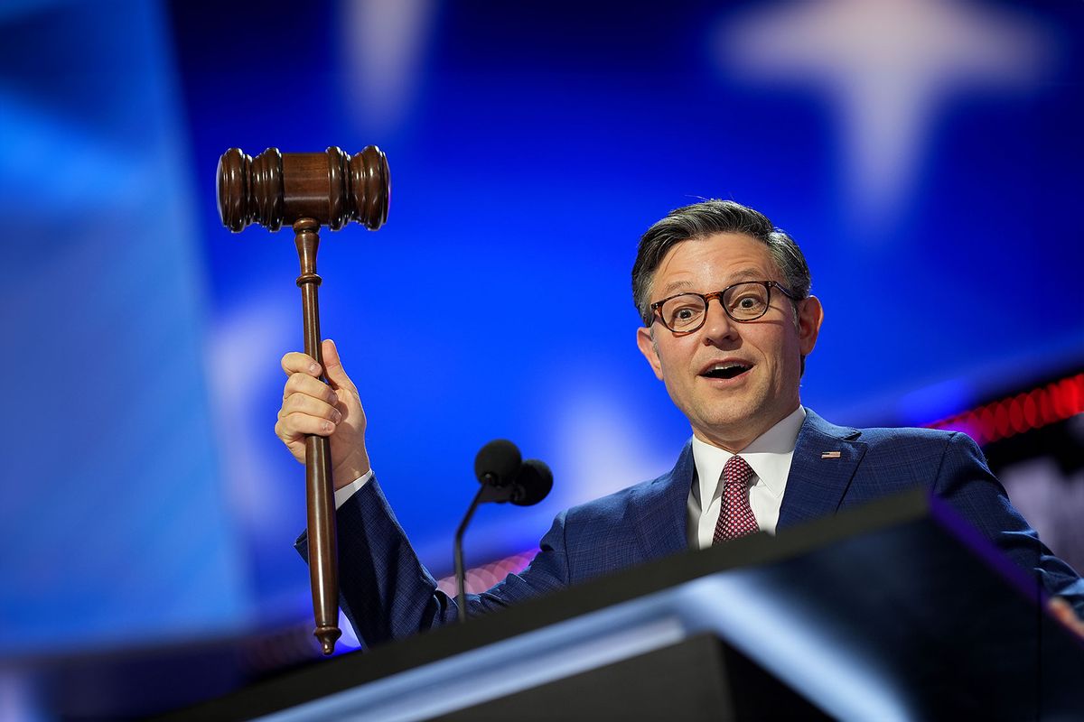 Speaker of the House Mike Johnson (R-LA) holds the gavel onstage ahead of the start of the first day of the Republican National Convention at the Fiserv Forum on July 15, 2024 in Milwaukee, Wisconsin. (Andrew Harnik/Getty Images)