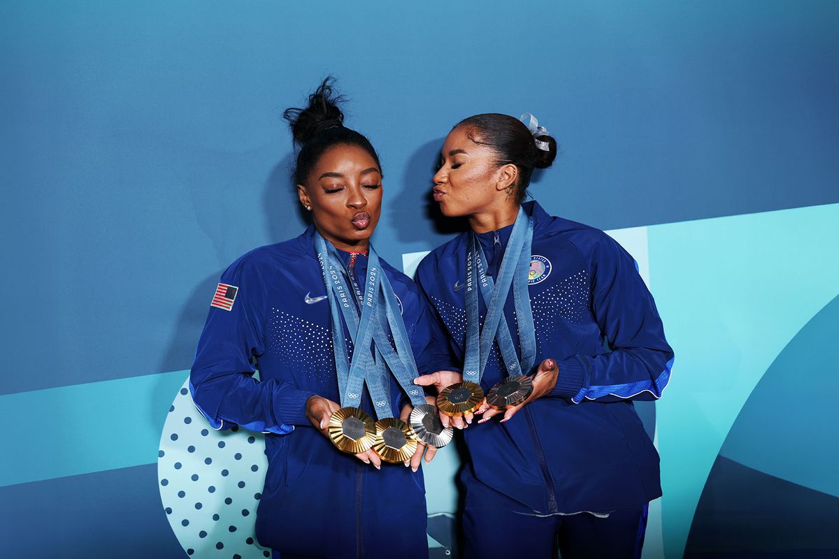 Simone Biles and Jordan Chiles of Team United States pose with their Paris 2024 Olympic medals following the Artistic Gymnastics Women's Floor Exercise Final on day ten of the Olympic Games Paris 2024 at Bercy Arena on August 05, 2024 in Paris, France. (Naomi Baker/Getty Images)