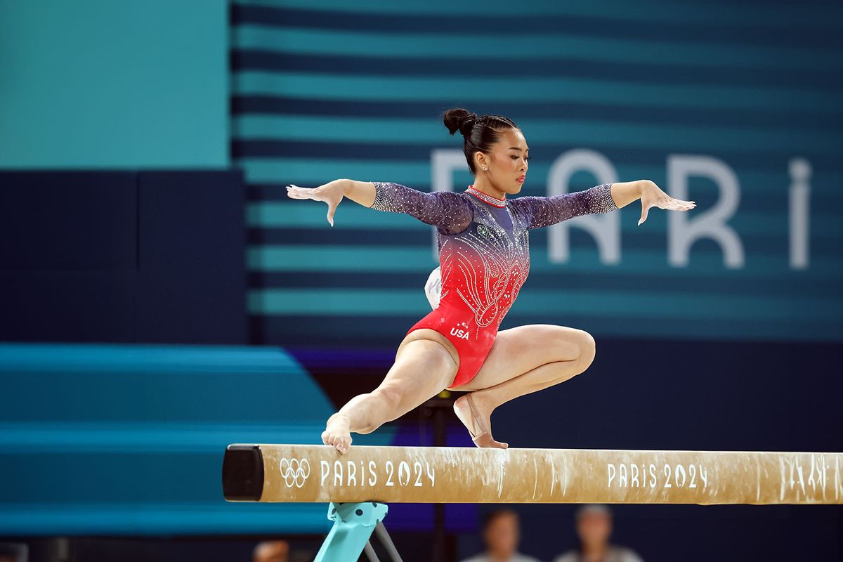 Sunisa Lee of Team United States on Balance Beam competes during the women's Artistic Gymnastics All-Around Final on day six of the Olympic Games Paris 2024 at Bercy Arena on August 01, 2024 in Paris, France. (Stefan Matzke - sampics/Getty Images)