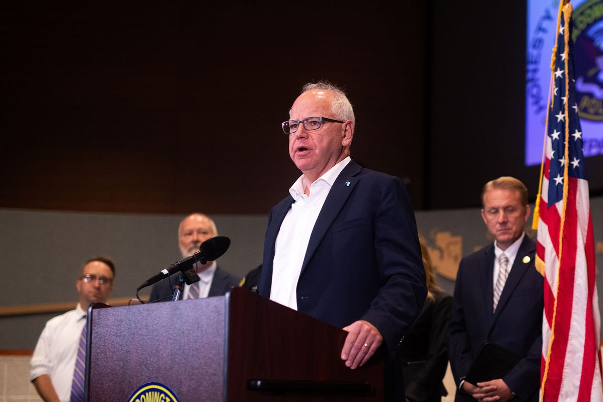 Minnesota Governor Tim Walz (C) speaks during a press conference regarding new gun legislation at City Hall on August 1, 2024 in Bloomington, Minnesota. (Stephen Maturen/Getty Images)